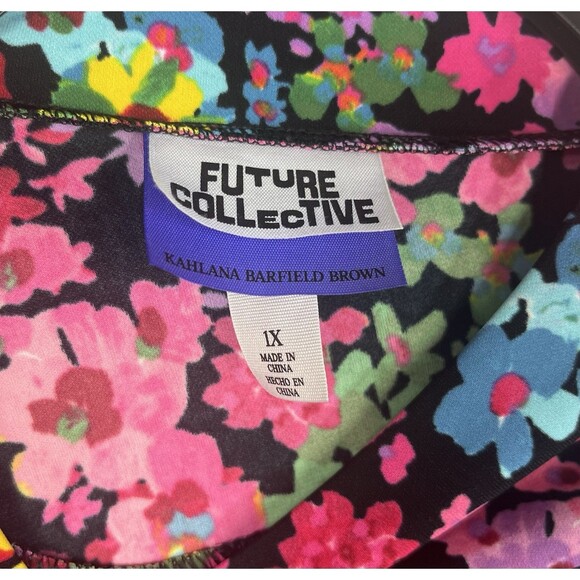 Future Collective Kahlana Floral Long Sleeve Mock Bodycon Dress 1X Ruched Midi - Picture 6 of 11